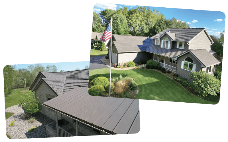 Two images of homes with metal roofs